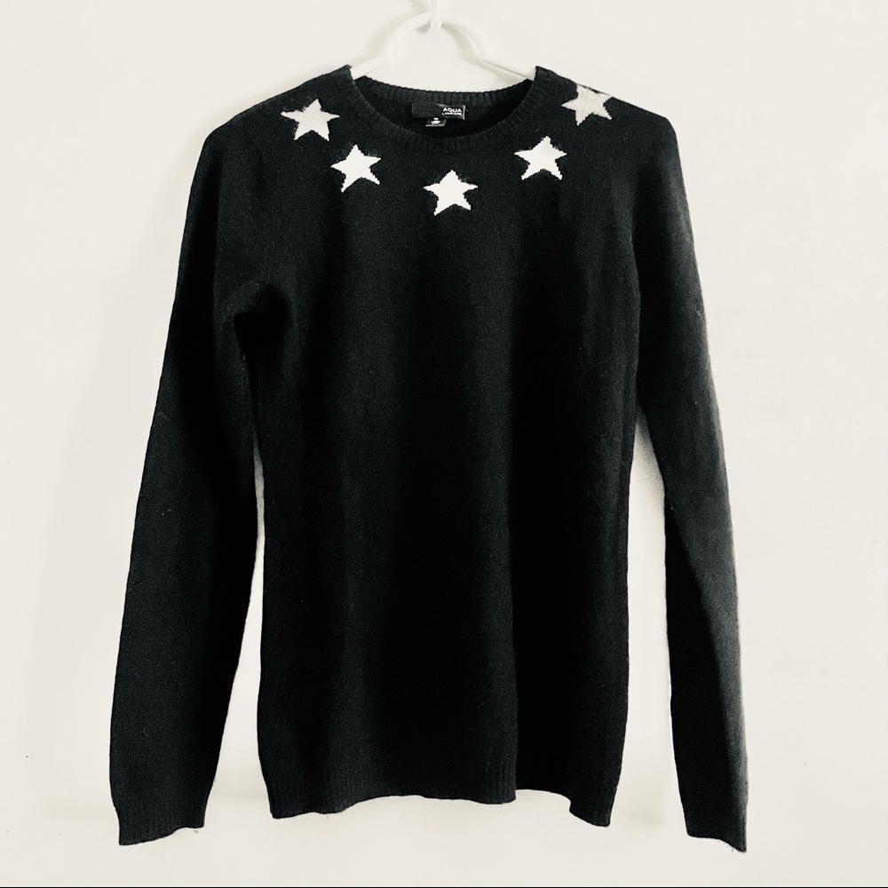 Aqua Sweater XS Cashmere Intarsia Star Pullover Black White